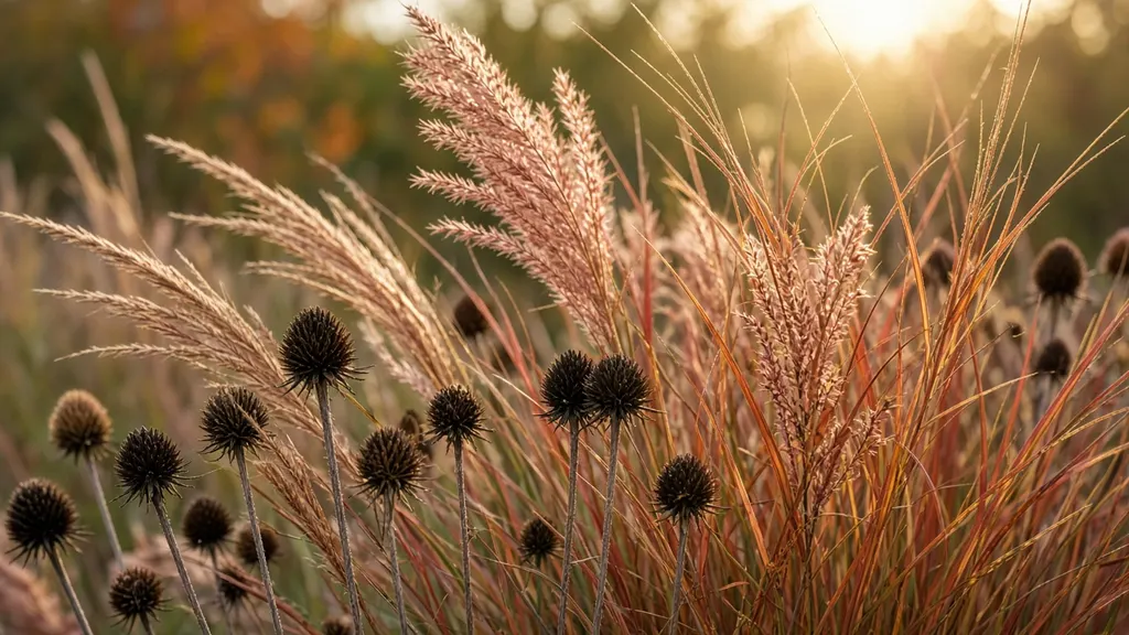 Backlit native prairie grasses turning copper and red with dark coneflower seedheads in autumn light