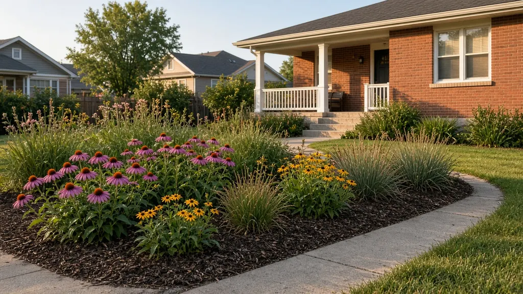 A curved front-yard bed of purple coneflowers, black-eyed Susans and little bluestem beside a concrete walk and a brick bungalow