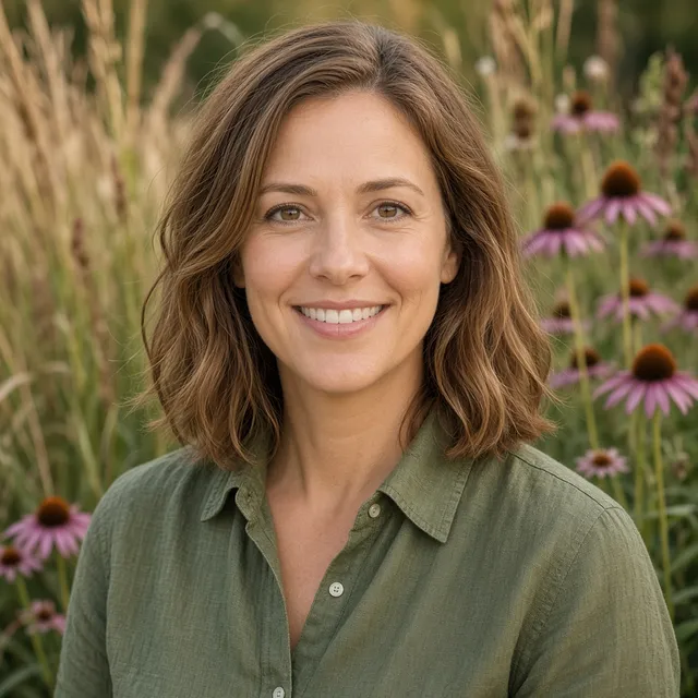 Amanda Kupsti smiling outdoors in a garden of prairie grasses and purple coneflowers