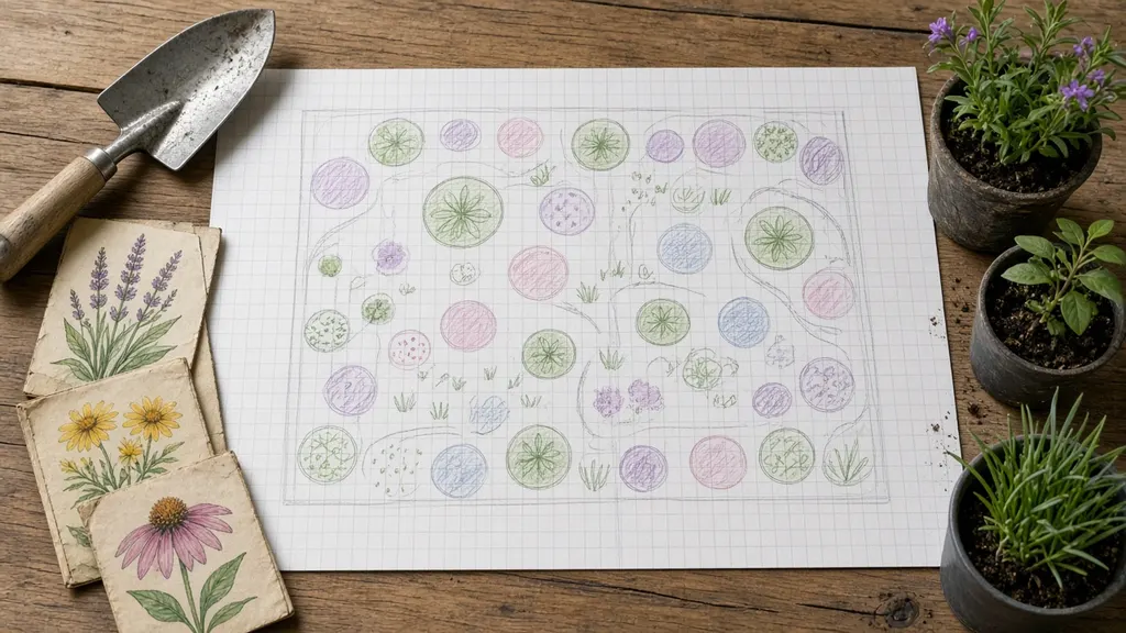 A colored-pencil garden planting plan on graph paper next to a trowel, illustrated seed packets and potted native plants
