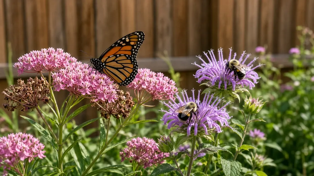A monarch butterfly on pink swamp milkweed and bumblebees on purple wild bergamot in a backyard garden by a wooden fence