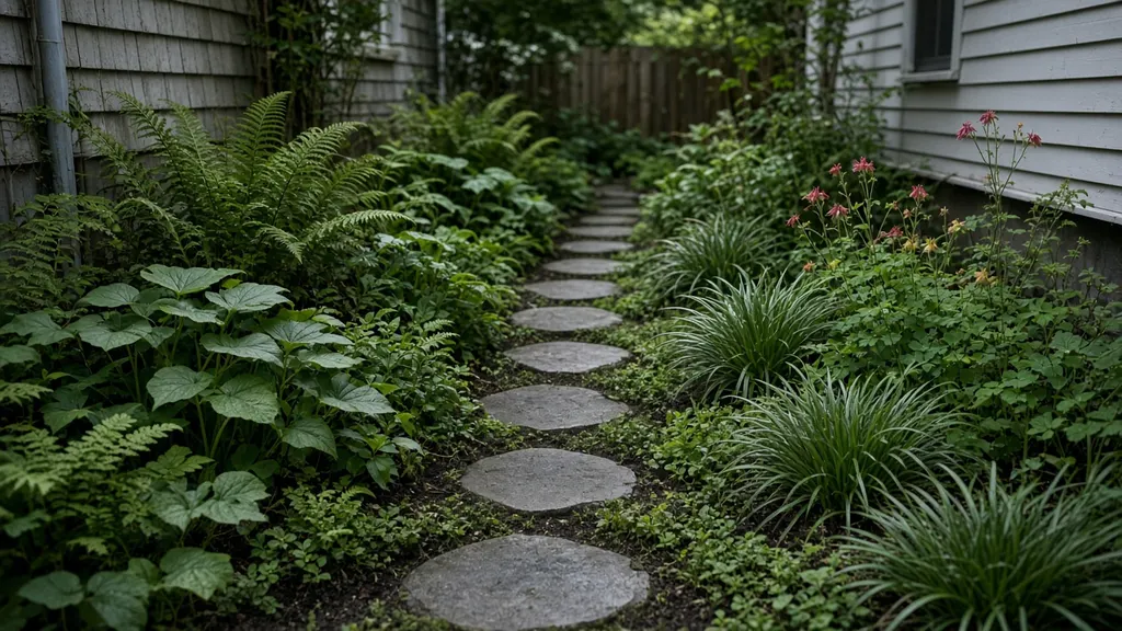 A narrow side-yard garden with a stepping-stone path between ferns, sedges and red columbine flowers