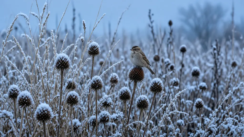 Frost-covered coneflower seedheads and grass stems in a winter native garden with a small sparrow perched on one seedhead